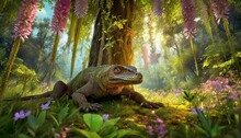 Big Lizard In Forest Hiding Under Tall Tree With Hanging Flowers AI Generated
