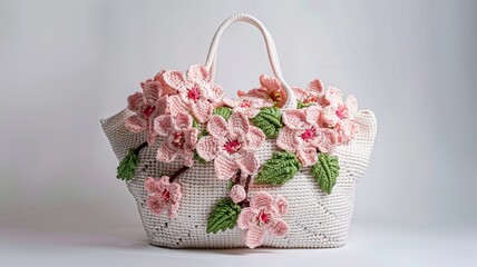 Sticker - A hand-crocheted bag design that captures the vibrant contrast of pink cherry blossoms against fresh green leaves