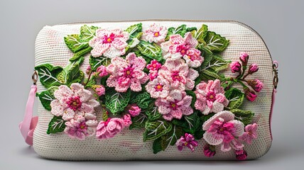 Sticker - A hand-crocheted bag design that captures the vibrant contrast of pink cherry blossoms against fresh green leaves