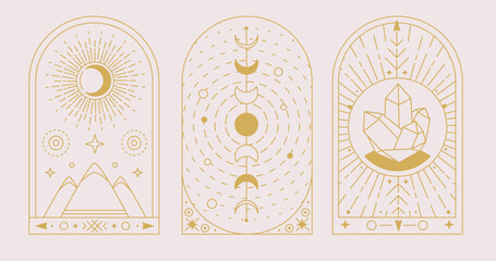 Set of Modern magic witchcraft cards with sun and moon. Line art occult vector illustration