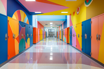 A school hallway with an abstract design, lockers painted in vibrant colors creating a lively and dynamic atmosphere