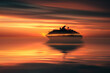 An abstract representation of a luxury cruise ship sailing into the sunset, its silhouette reflecting on the calm sea