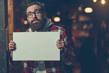 Wall Mural - A whimsical drunk holds a white sign with a magical expression on his face