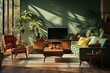 Interior Design of Modern Living Room from the mid century with Monstera Background, generative IA