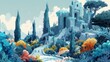Three time-traveling adventurers wreak havoc in lush gardens, with teal, light blue, and light gray tones blending past and present landscapes seamlessly.