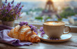 A cup of aromatic coffee with a croissant and lavender flowers against the backdrop of the Eiffel Tower