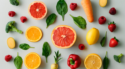 Wall Mural - Creative neatly arranged food layout with fruits, vegetables and leaves on bright background. Minimal healthy food concept.