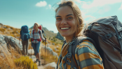 Portrait of smiling teen blonde girl posing on mountain with her friends in background. Happy teenager hiking with friends in summer. Happy friends in mountains at weekend concept.