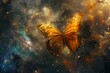 Yellow butterfly gracefully traverses galaxy teeming stars, celestial dance of colors and light