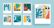 Abstract design poster set, trendy graphic cards with geometric elements, hand drawn collection.