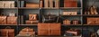 Father's Day gifts concept. brown leather bags and items on the shelves in the store. banner