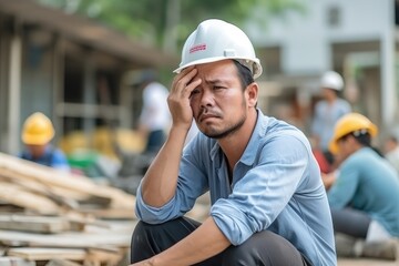 A construction worker wearing a hard hat is sitting on a stack of wood, looking stressed and tired.