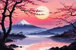 Mount Fuji at sunset, capturing majestic silhouette of mountain against vibrant, colorful sky as sun dips below horizon, creating tranquil scene. For art, creative projects, fashion, style, magazines.