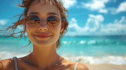 Wall Mural - Woman Wearing Sunglasses Standing on Beach