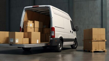 Wall Mural - Delivery van with open doors and hand truck with cardboard boxes