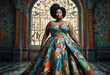 A confident and beautiful African American woman poses elegantly in a vibrant multi-colored strapless gown against an ornate arched doorway backdrop.