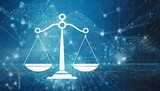 Fototapeta Przestrzenne - Unbiased artificial intelligence, Scales of Justice in Digital World Concept. Digital illustration Scales on futuristic blue data network background. Fairness and equality