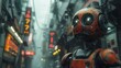 A visually striking image depicting a puzzled robot in a futuristic urban environment, surrounded by floating question marks and moist air bubbles, evoking a sense of curiosity and confusion.