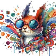  Cartoon Squirrel: Abstract Watercolor Painting with Colorful Details and Sunglasses, Perfect for T-shirt Prints or High-Quality Wall Art.