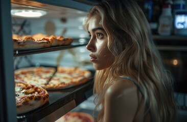 Wall Mural - Young girl looking at pizza