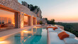 Mansion or villa with luxury pool overlooking sea at sunset. Resort hotel on mountain top, scenery of white stone vacation house in Greece