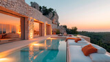 Fototapeta Mapy - Mansion or villa with luxury pool overlooking sea at sunset. Resort hotel on mountain top, scenery of white stone vacation house in Greece