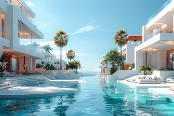 Wall Mural - Modern vacation resort with a swimming pool. Sunbeds, relaxing vacation Mediterranean	
