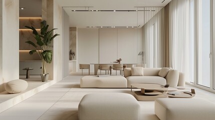 living room with soft beige furniture in a light luxury interior design of a modern apartment