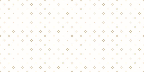 Wall Mural - Golden vector seamless pattern with small diamonds, stars, tiny sparkles. Abstract gold and white geometric texture. Simple minimal wide repeat background. Luxury design for decor, wallpaper, print
