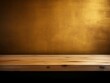 Abstract background with a dark gold wall and wooden table top for product presentation, wood floor, minimal concept, low key studio shot, high resolution photography 