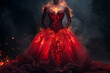 An ornate red dress with fiery effects in a dark, smoky setting