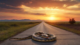 Fototapeta  - A snake crawls along the road against the background of the sunset