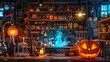 Halloween Steampunk laboratory with glowing jack-o-lantern. Mad scientist's laboratory with Halloween-inspired inventions. Concept of magical experiments, spooky laboratory, Halloween, alchemy