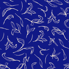 Wall Mural - Random placed, vector leaves seamless repeat pattern. Hand drawn botany aop, all over surface print on blue background.