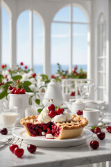 Canvas Print - Cherry pie. Summer lattice cherry pie with fresh cherry and vanilla ice cream scoop.