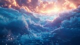 Fototapeta  - Stunning ocean waves under a dramatic cloud-filled sky at sunset