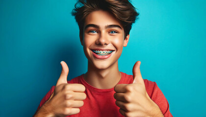 A boy with braces giving two thumbs up, set against a bright blue background