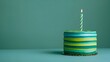 Green and blue striped birthday cake with one celebration birthday candle against a plain green background,  Green birthday cake with green candles AI generated 