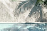 Fototapeta Do akwarium - Tropical summer background with concrete wall, pool water and palm leaf shadow. Luxury hotel resort exterior for product placement. Outdoor vacation holiday house scene - generative ai