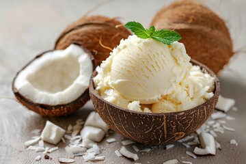 Wall Mural - Coconut ice cream, bowl of ice cream is sitting on top of a coconut shell