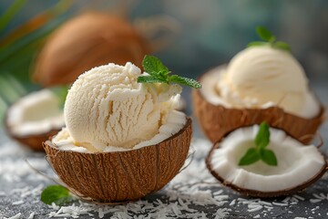 Wall Mural - Coconut ice cream, bowl of ice cream is sitting on top of a coconut shell