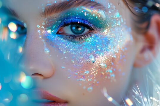Fantasy makeup with glitter, fairy creature makeup on beautiful woman face
