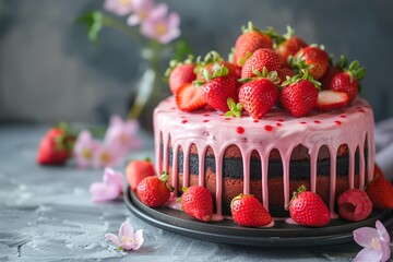 Wall Mural - Cake with strawberries and sprinkles on top. The cake is placed on a blue background