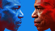 Side profiles of two men contrasted with blue and red colors, symbolizing opposition or duality