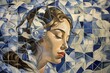 A young woman with headphones listening to music, made in ceramic tile style, cubic mosaic art