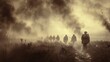 Sepia-toned image of soldiers advancing through smoke on D-day, Normandy