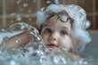 A joyful toddler with bubbles on head splashing water in a bath, capturing a moment of pure childhood happiness