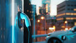 EV charging station for electric car in concept of green energy and eco power produced from sustainable source to supply to charger station in order to reduce CO2 emission, big city blur background