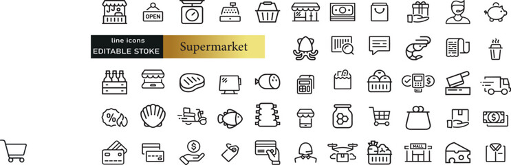 Wall Mural - supermarket departments and services, thin line icon set 2 of 3. symbol collection in transparent ba