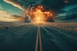 Nuclear Bomb Explosion: The Future of War on the Road to Destruction with a background of fiery sky and direction sign pointing towards highway